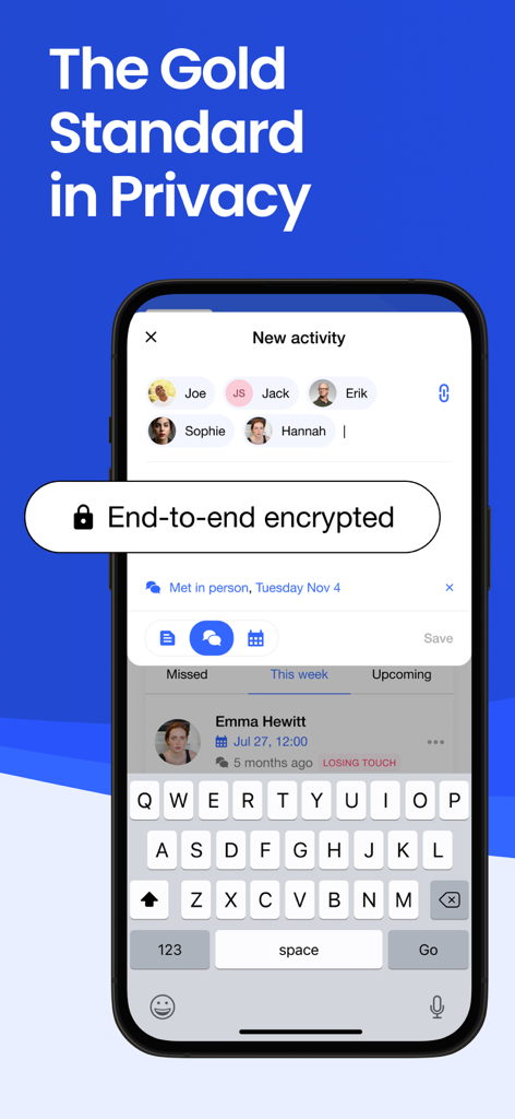 Covve CRM Manage your contacts - Covve CRM App-Bildschirm, der Ende-zu-Ende-Verschlüsselung und Kontakt-Datenschutzfunktionen hervorhebt.