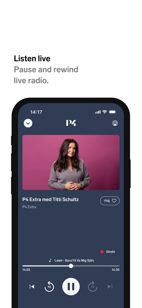 Sveriges Radio - Mobile interface of Sveriges Radio app showing a live broadcast from station P4