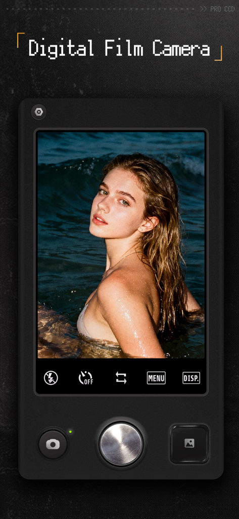 Interface de l'application ProCCD montrant un viseur d'appareil photo numérique rétro avec un effet de filtre vintage