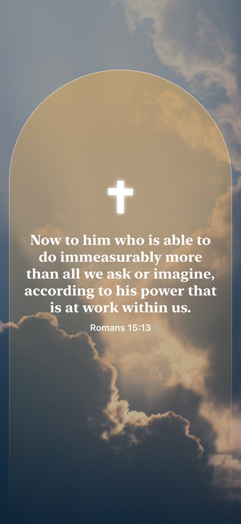 Christian: Devotional & Faith - A Bible verse from Romans and a white cross displayed over a sunset sky background in the Christian app interface.