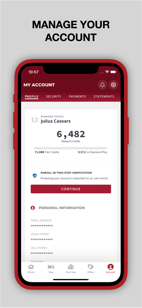 Caesars Rewards Resort Offers - Écran mobile affichant le profil du compte Caesars Rewards avec le statut Diamant et les crédits de récompense