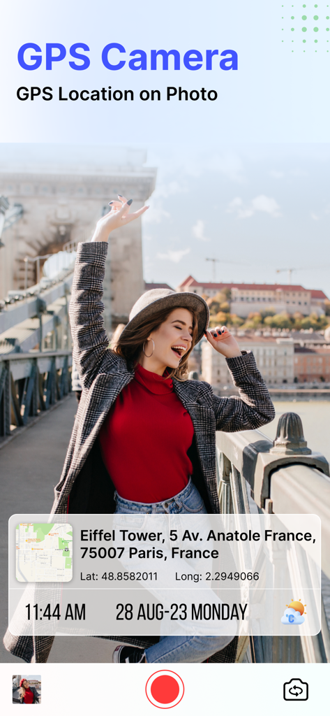 Live Mobile Number Location - A mobile app interface showing a photo with a GPS location and date stamp overlay.