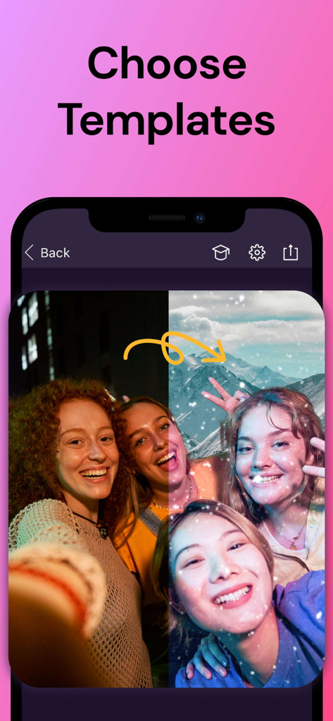 A screenshot of the Pixomatic app interface showing how to choose templates to change photo backgrounds.