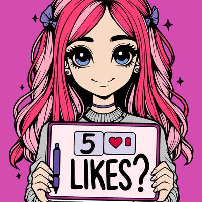a realistic girl holding a sign that says "5 likes?"