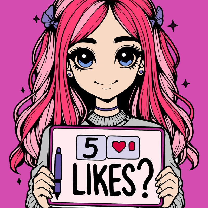 a realistic girl holding a sign that says "5 likes?"