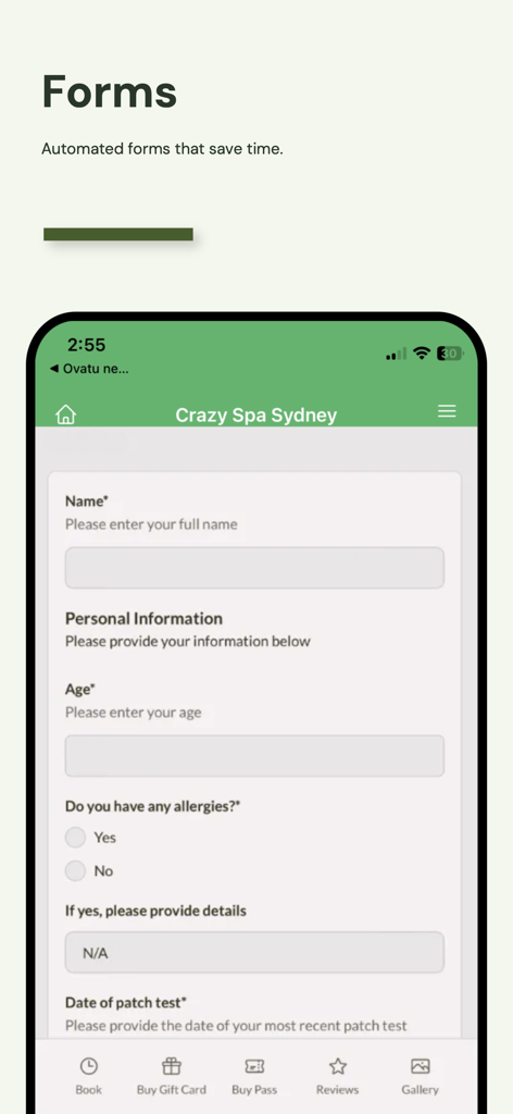 Ovatu - Automated client intake form on the Ovatu mobile app for a spa business