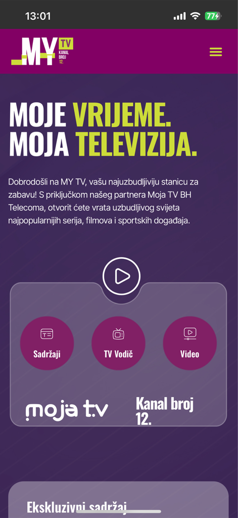 MY MEDIA - Pantalla de inicio de la aplicación MY MEDIA mostrando el logo de MY TV y opciones de streaming de contenido bosnio