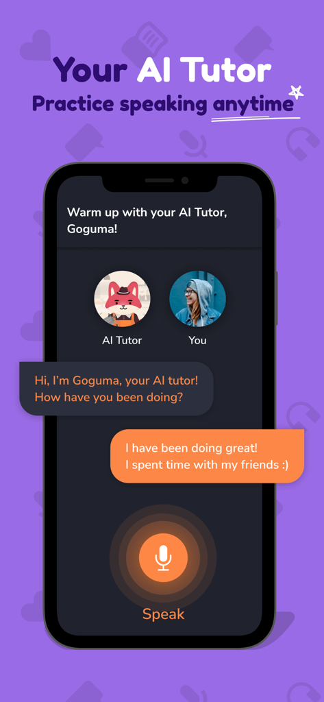 Hilokal app interface showing a voice conversation with Goguma the AI language tutor