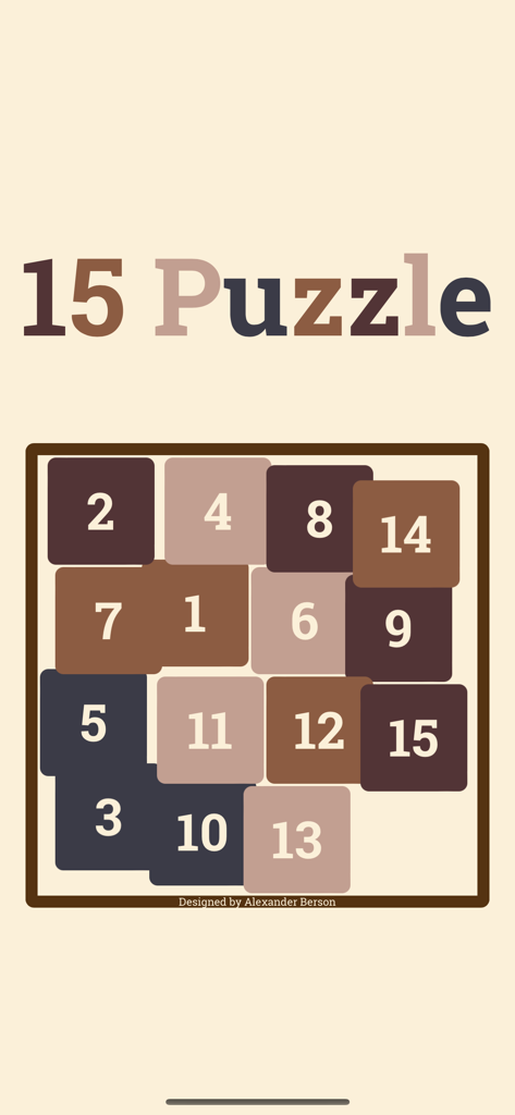 15 Puzzle - Pantalla del juego 15 Puzzle con una cuadrícula minimalista de bloques numerados en tonos neutros tierra.