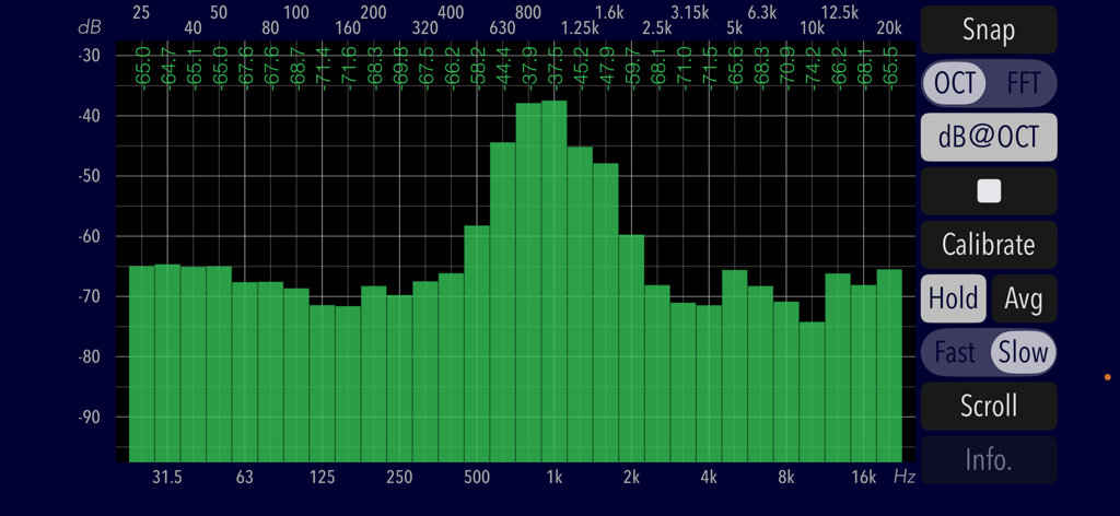Audio Frequency Analyzer - Real-time audio frequency analyzer showing one third octave band spectrum in green bars