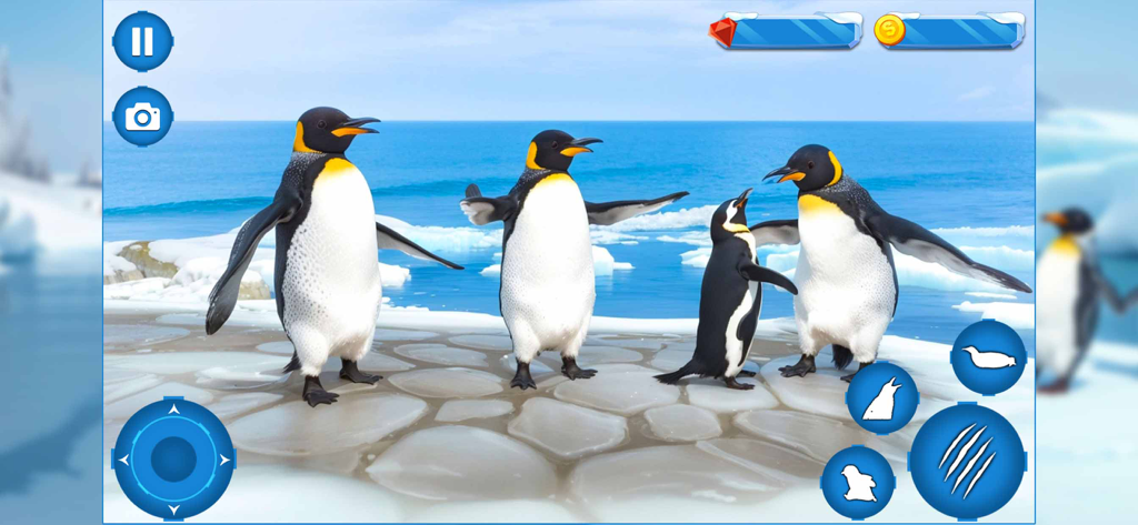 Penguin Family Simulator Game - Emperor penguin family standing on ice in an Arctic simulator game with mobile UI controls.
