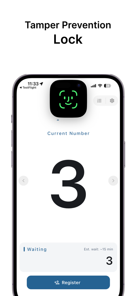 順番待ちパネル | 呼び出し番号の表示用呼出システム - A smartphone displaying the Tamper Prevention Lock feature of the Queue Management Panel app with Face ID biometric authentication