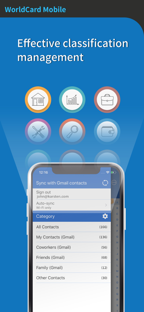 WorldCard Mobile app interface displaying contact classification categories and Gmail synchronization options