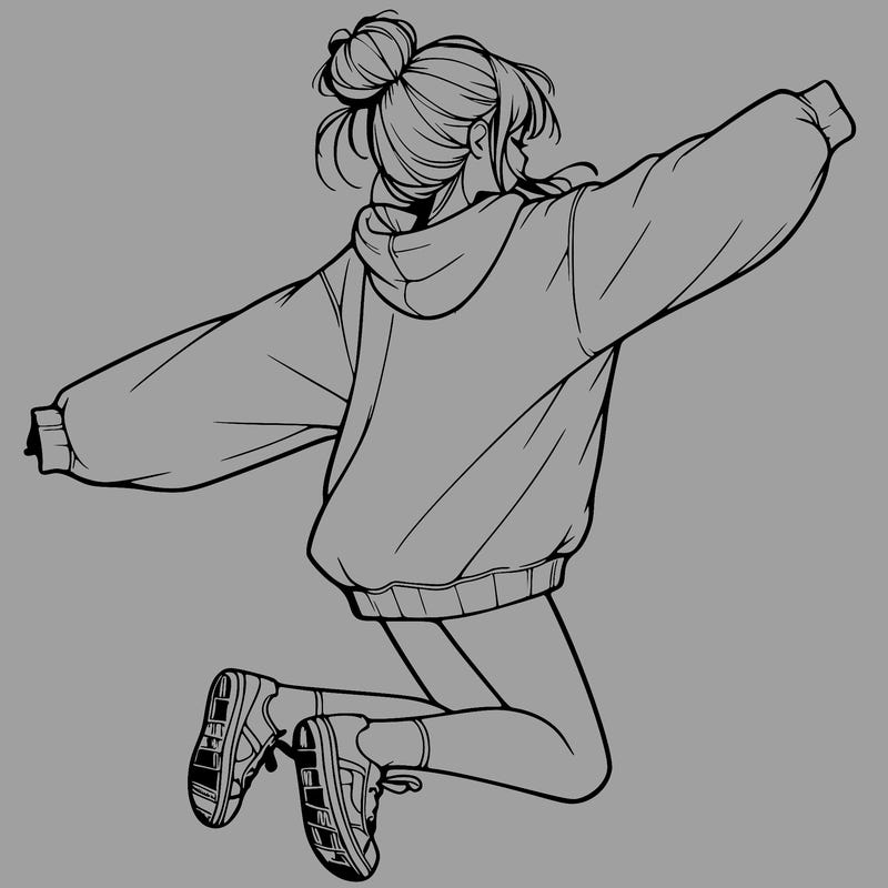 realistic girl jumping with a bun and oversized sweatshirt