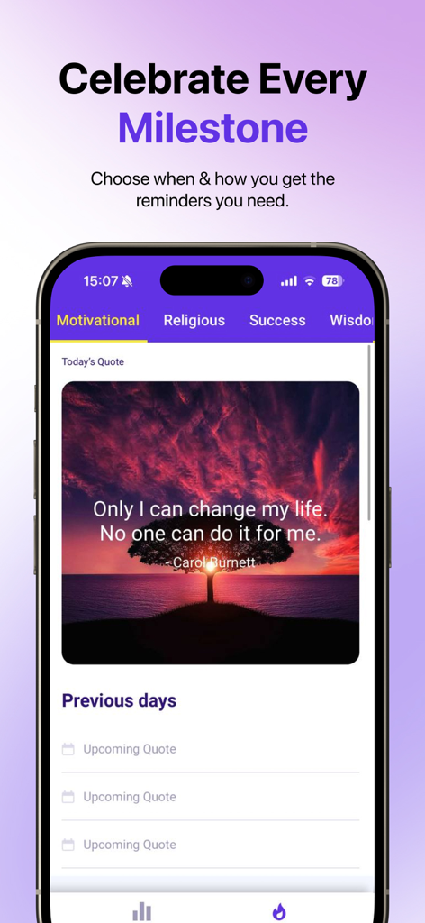 Sobriety Tracker Day Counter - Captura de tela do aplicativo Sobriety Tracker mostrando citações diárias motivacionais e lembretes de marcos de recuperação.