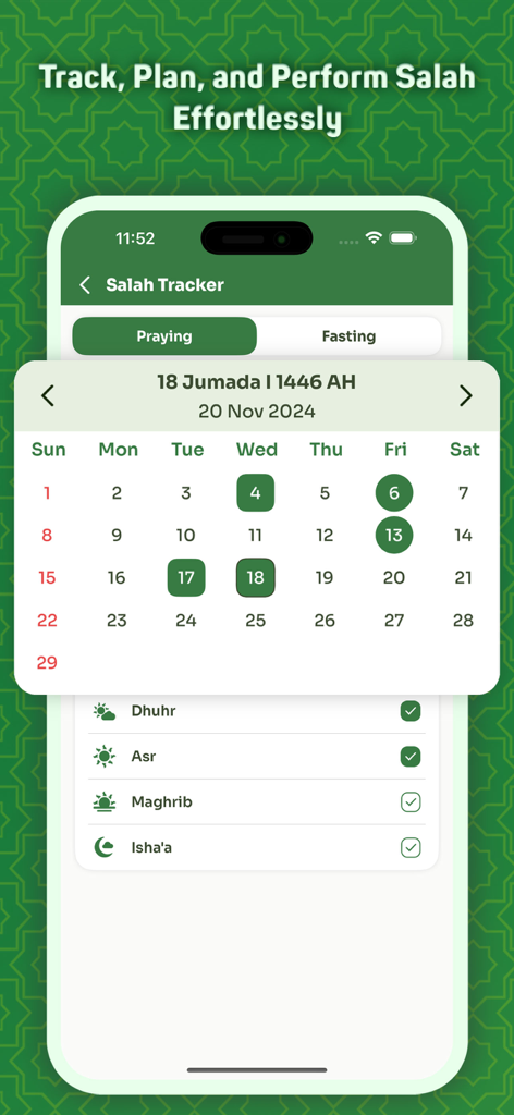 Hijri Calendar : Salah Tracker - Interface of the Hijri Calendar and Salah Tracker app showing prayer logs and a monthly calendar