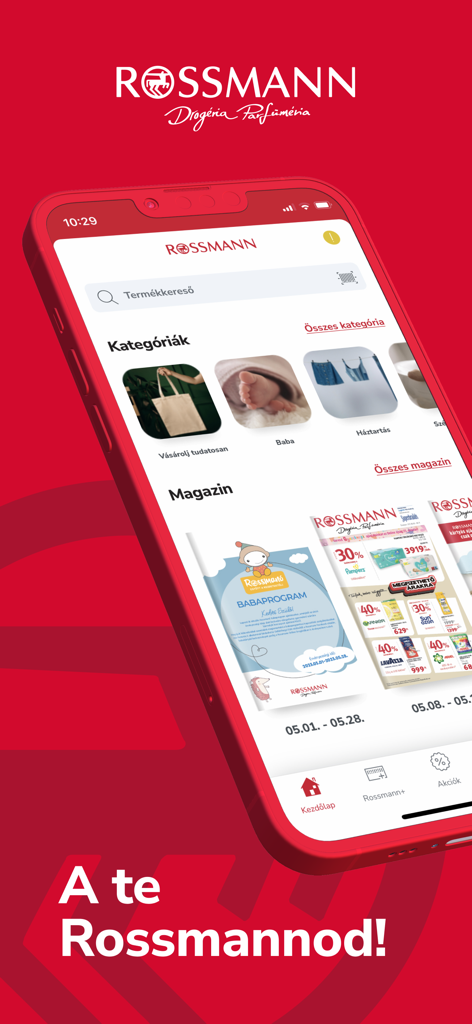 Rossmann mobile app home screen with product categories and promotional magazines