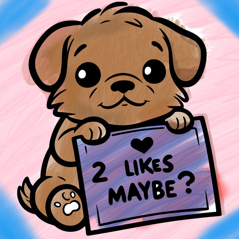 a puppy holding a sign that says 2 likes maybe?