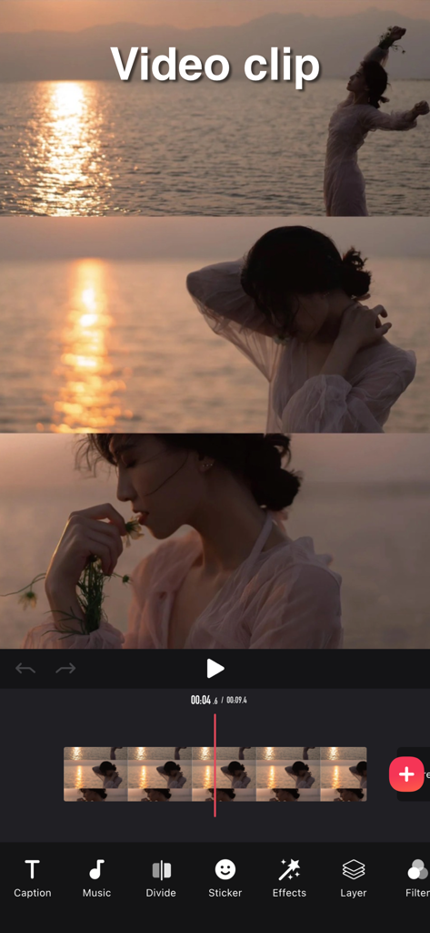 剪影 - 视频剪辑 & 卡点影集制作 - Interface of the Silhouette video editing app showing a video clip being edited with a timeline and tools like music and filters.