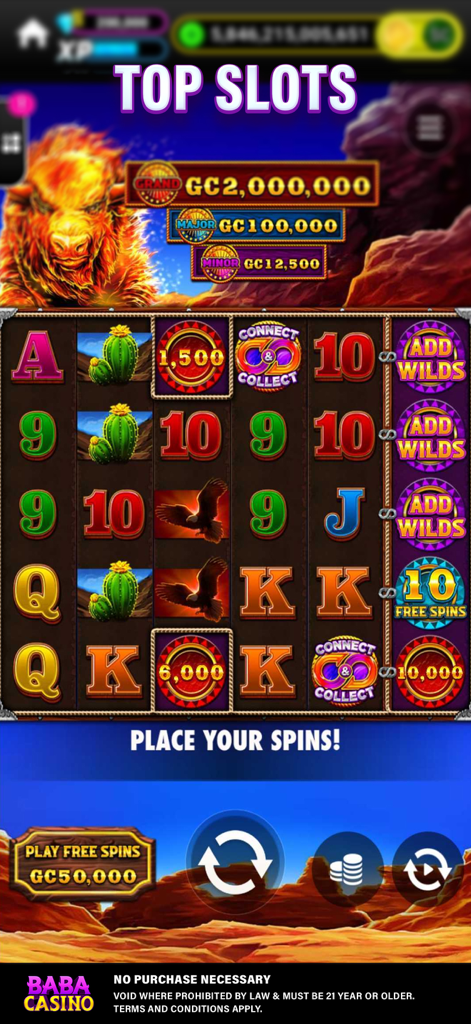Mobile gameplay of a buffalo themed slot machine in the Baba Casino app