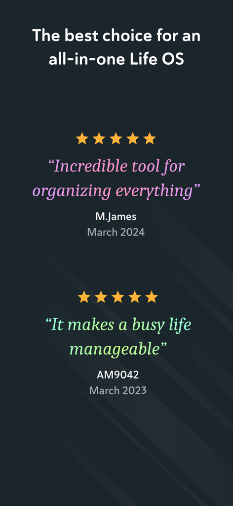 Amplenote - Screenshot of positive user reviews and five star ratings for the Amplenote productivity app