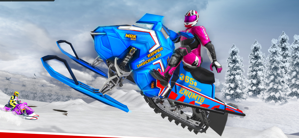 Snow Bike Racing Simulator ATV - Um piloto realizando uma manobra aérea em uma moto de neve azul personalizada em um ambiente de montanha nevada.