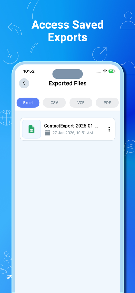 Contact to Excel, Vcf, Pdf - Interface affichant une liste de fichiers de contacts exportés au format Excel