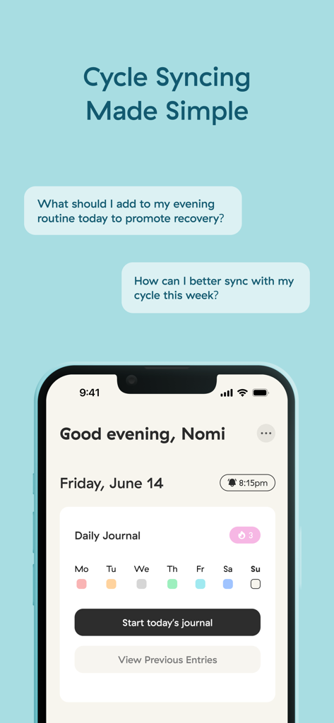 Berry - Wellness - Daily journal interface of the Berry Wellness app for cycle syncing and mood tracking