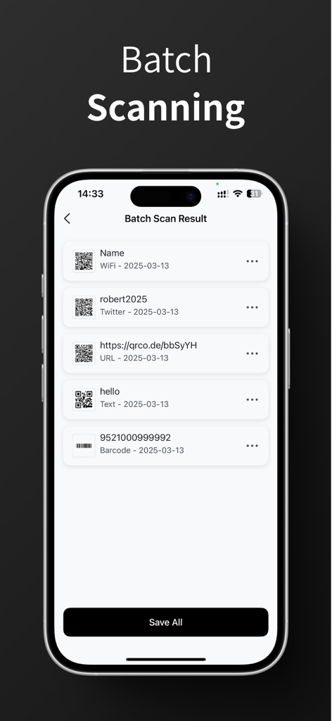 QR Code Generator / Scanner - Una interfaz de aplicación móvil que muestra una lista de múltiples códigos QR y códigos de barras escaneados bajo el encabezado Resultado de Escaneo por Lotes con un botón Guardar Todo.