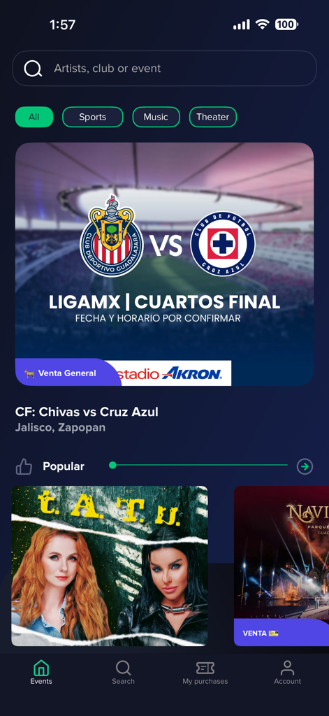 Boletomóvil - Boletomovil app home screen featuring tickets for Liga MX soccer matches and popular music concerts