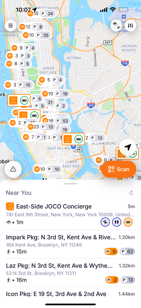 JOCO app map interface displaying e-bike availability and parking station locations in New York City