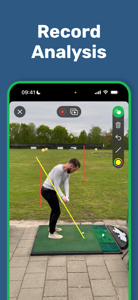 Golf swing video analysis on BitBody app with technical drawing overlays and recording tools