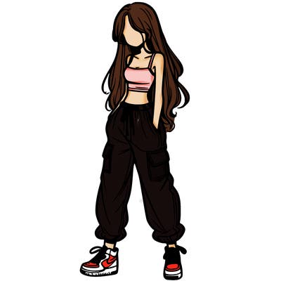 girl in baggy pants crop top and long hair