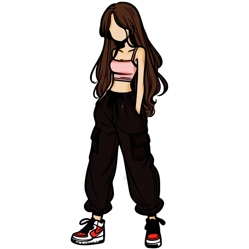 girl in baggy pants crop top and long hair