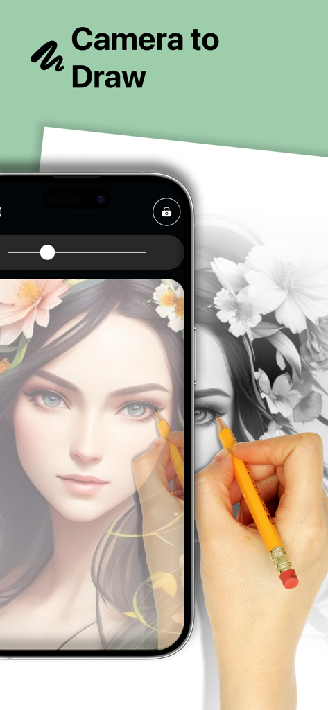 Projector AR Drawing - Creator - Una persona usando la aplicación Projector AR Drawing para trazar un retrato detallado en papel con un lápiz