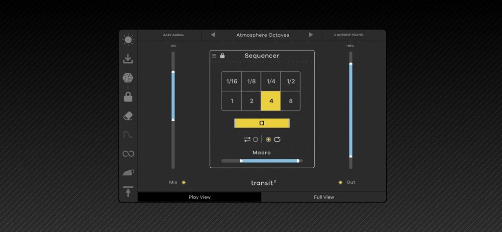 Transit 2 - Baby Audio - L'interface de l'application Transit 2 affichant le mode de mouvement Sequencer dans l'écran Play View.