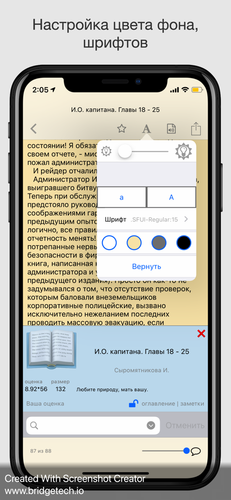 Settings screen for font and background color customization in the Samizdat book reader app
