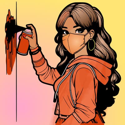 realistic girl with mask spray painting a wall