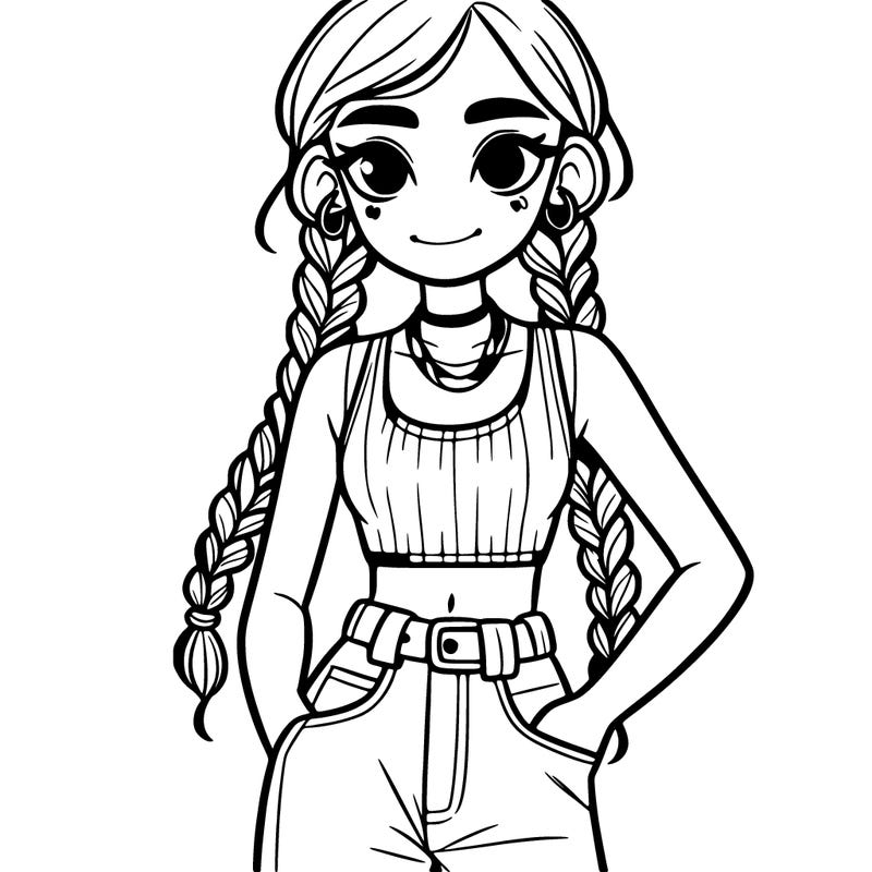 a girl that’s pretty with pigtail braids, baggy jeans, and a crop top