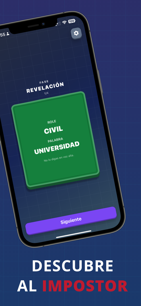 SuspectGuess: El impostor - SuspectGuessゲームのモバイル画面で、啓示フェーズ中に市民の役割と秘密の言葉が表示されます。
