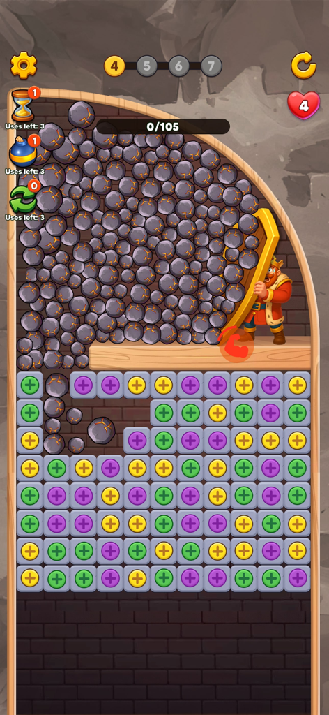 Royal Escape: King Castle - Captura de tela da jogabilidade mostrando um quebra-cabeça match 3 com cabeças de parafuso coloridas e um rei preso por pedras caindo em um castelo