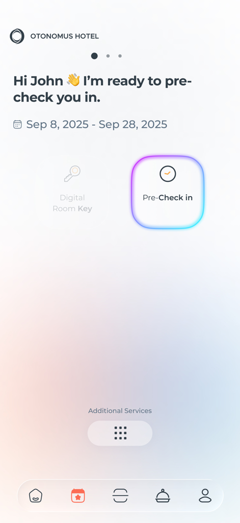 Digital pre-check-in screen of the KEE by Otonomus hotel app