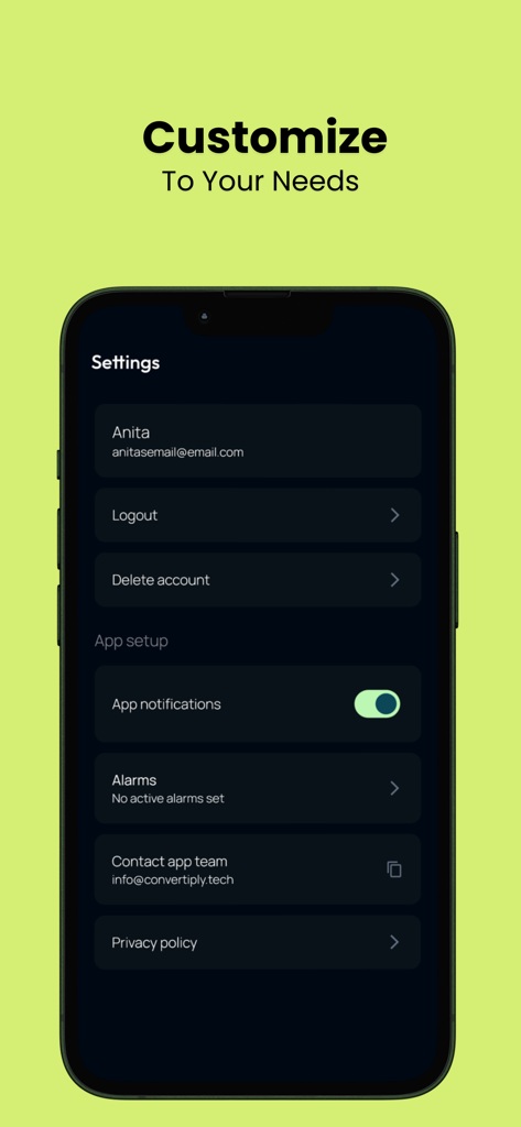 Pantalla de configuración de la aplicación Hora Brahma Muhurta que muestra el perfil del usuario y las opciones de personalización de notificaciones.