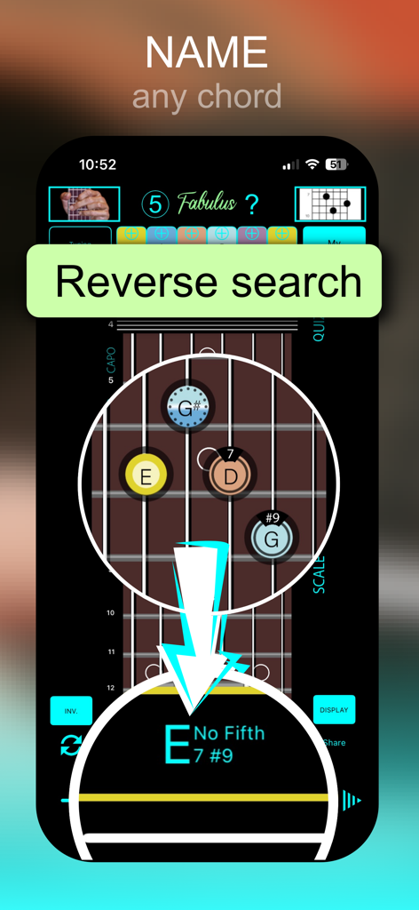 Guitar Chord Finder Fretboard - Interface do aplicativo móvel mostrando o recurso de busca reversa identificando um acorde de guitarra E7 sustenido 9 em uma escala virtual
