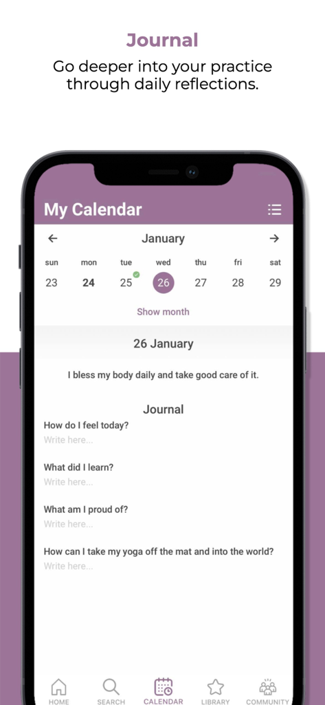 Yoga with Kassandra - Yoga with Kassandra app interface showing the daily journal prompts and calendar view for wellness tracking