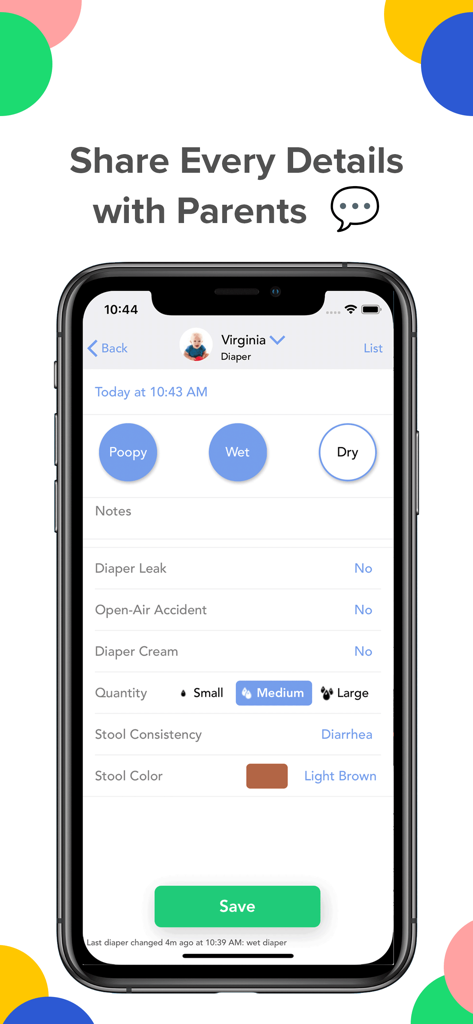 Interfaz de la aplicación móvil Daily Connect que muestra un registro de seguimiento de pañales para centros de cuidado infantil y padres.