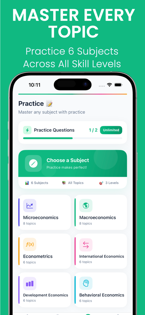 Economics AI: Homework Helper - Interface of Economics AI showing practice options for microeconomics and macroeconomics