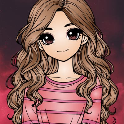 realistic girl with long, wavy hair and cute shirt