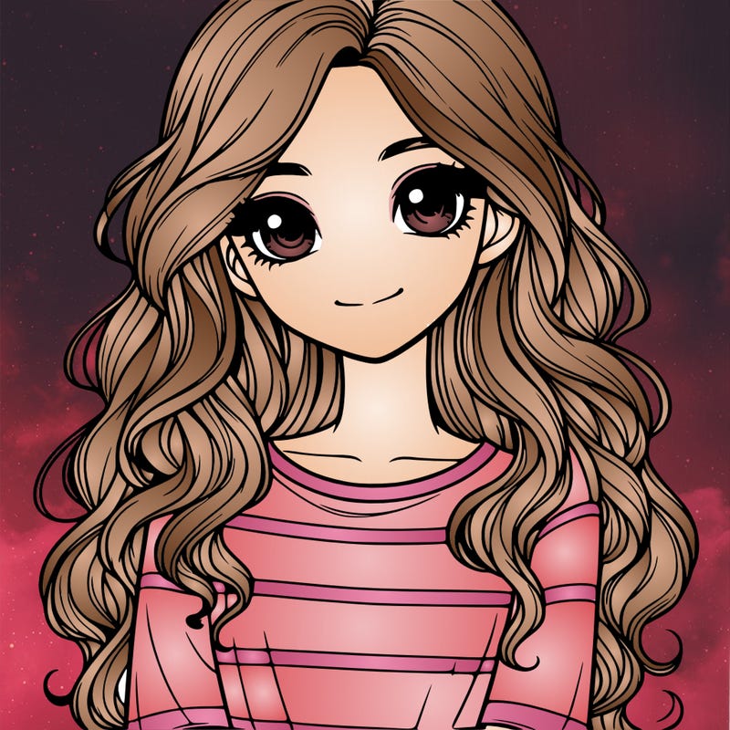 realistic girl with long, wavy hair and cute shirt