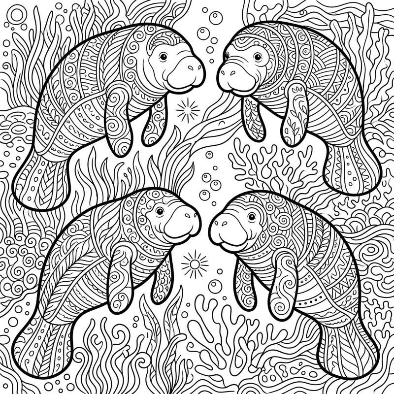 Discover tranquility with this enchanting Zentangle Manatee Calves coloring page. Its intricate patterns offer a mindful and relaxing artistic escape for all ages.